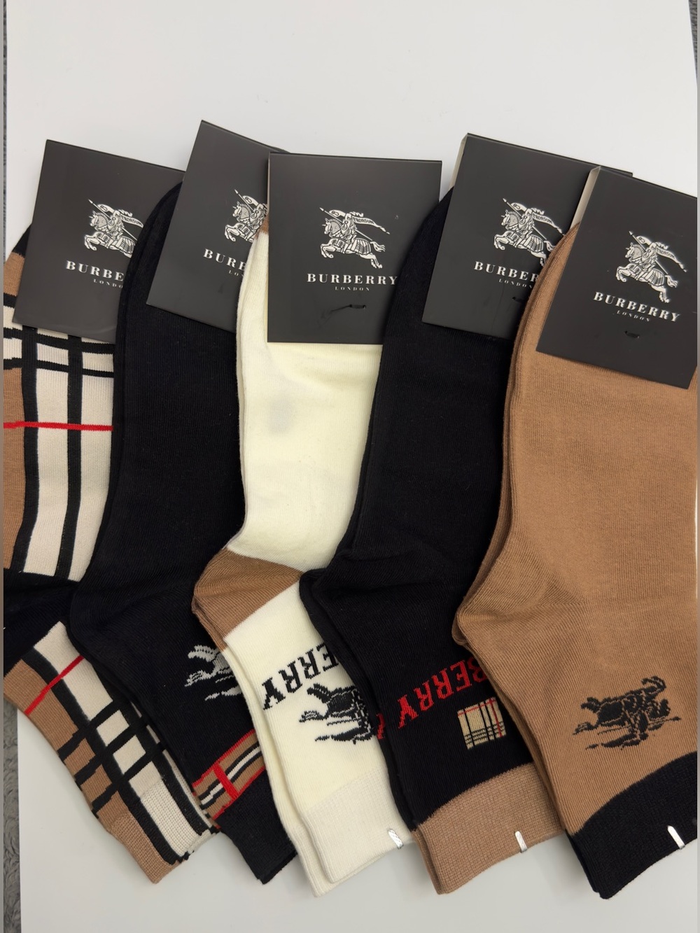 Men’s Classic Logo & Check Ankle Socks - Black, White, Tan-5 pc set